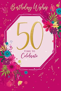 Age 50 Female Birthday Card - 50th Birthday Bright Flowers Gold Foil 7.75x5.25"
