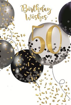 50th Birthday Card - Age 50 Black & Grey Balloons with Gold Foil 7.75x5.25 50th Birthday Card - Age 50 Black & Grey Balloons with Gold Foil 7.75x5.25