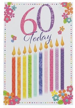 Age 60th Female Birthday Card 60 Today Multicoloured Candles Glitter 7.75x5.25”