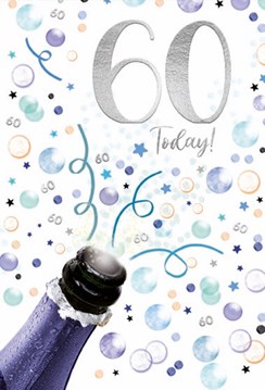 Age 60th Male Birthday Card - Blue Champagne Bubbles Silver Foil 60 7.75x5.25"