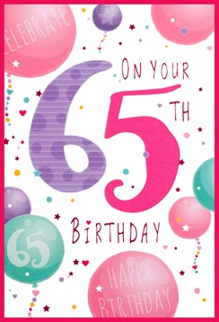 Age 65 Female 65th Birthday Card - Pink & Lilac Numbers Balloons 7.75" x 5.25 Age 65 Female 65th Birthday Card - Pink & Lilac Numbers Balloons 7.75" x 5.25