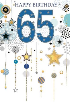 Age 65 Male Birthday Card - Blue Numbers Stars and Spots Gold Foil 7.75x5.25"