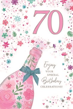 Age 70 Female Birthday Card -70th Birthday Pink Champagne & Flowers 7.75x5.25"