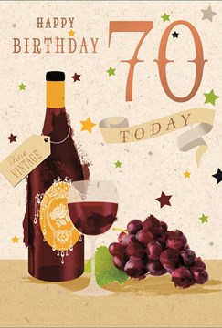 Age 70 Male Birthday Card 70th Birthday Red Wine Bottle Glass Gold Foil 7.75x5.2