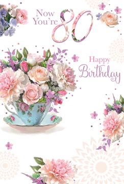 Age 80 80th Birthday Card - Pink Flowers in Teacup with Glitter 7.75" x 5.25"