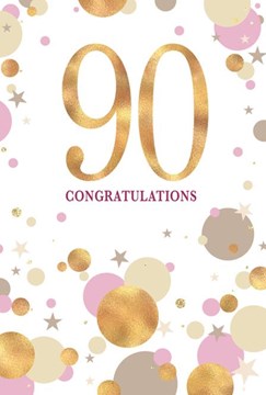 Age 90 Female Birthday Card - 90th Gold Foil Number Pink Brown Spots 7.75x5.25" Age 90 Female Birthday Card - 90th Gold Foil Number Pink Brown Spots 7.75x5.25"