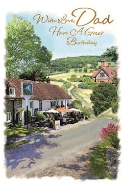 Dad Birthday Card - Country Pub Scene with Gold Foil 7.75x5.25"