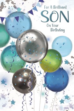 Son Birthday Card - Blue Green & Silver Balloons with Blue Foil 7.75 x 5.25"