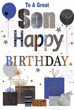 Son Birthday Card - Blue Grey Presents Balloons with Copper Foil 7.75x5.25"