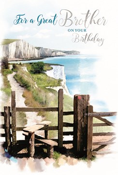 Brother Birthday Card - Scenic Coastal Path with Silver Foil 7.75" x 5.25"