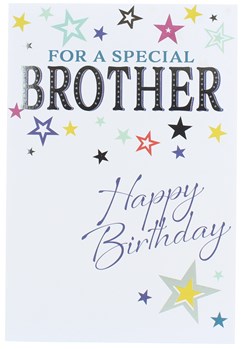Brother Birthday Card - Multi Coloured Stars & Silver Foil Detail 7.75" x 5.25" Brother Birthday Card - Multi Coloured Stars & Silver Foil Detail 7.75" x 5.25"