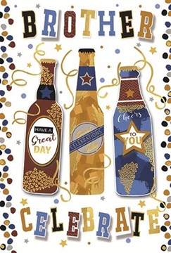 Brother Birthday Card - Brown & Blue Bottles of Beer with Gold Foil 7.75x5.25"