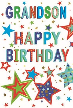 Grandson Birthday Card - Multicoloured Writing Stars with Gold Foil 7.75x5.25"