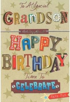 Grandson Birthday Card - Brown Background Coloured Text & Gold Foil 7.75x5.25"