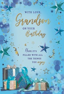 Grandson Birthday Card - Blue Background Presents Balloons Stars Foil 7.75x5.25"