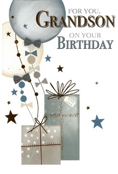 Grandson Birthday Card - Presents, Balloons Stars & Copper Foil 7.75" x 5.25" Grandson Birthday Card - Presents, Balloons Stars & Copper Foil 7.75" x 5.25"