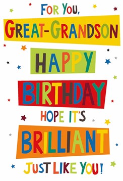 Great Grandson Birthday Card - Bright Multicoloured Writing and Stars 7.75x5.25"