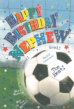Nephew Birthday Card - Football In Net With Bright Coloured Stars 7.75" x 5.25"