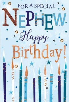 Nephew Birthday Card - Blue and Green Candles with Bronze Foil 7.75x5.25" Nephew Birthday Card - Blue and Green Candles with Bronze Foil 7.75x5.25"