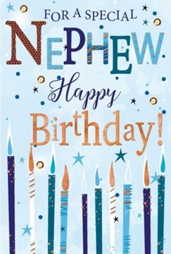 Nephew Birthday Card - Blue and Green Candles with Bronze Foil 7.75x5.25"