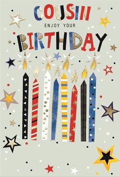 Cousin Birthday Card - Coloured Candles Writing Stars with Gold Foil 7.75x5.25" Cousin Birthday Card - Coloured Candles Writing Stars with Gold Foil 7.75x5.25"