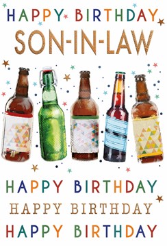 Son-in-Law Birthday Card - Bottles of Beer and Stars with Gold Foil 7.75x5.25"