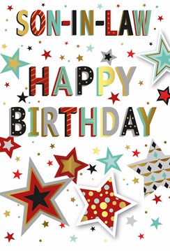 Son In Law Birthday Card - Brown Green and Grey Stars with Gold Foil 7.75x5.25"