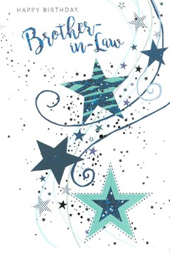 Brother-in-Law Birthday Card - Blue Stars and Swirls with Silver Foil 7.75x5.25"