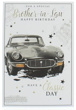 Brother-in-Law Birthday Card -Black Classic Car & Stars With Gold Foil 7.5x5.25"