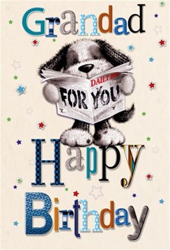 Grandad Birthday Card - Knitted Dog Reading Newspaper and Stars 7.75x5.25"
