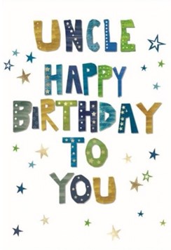 Uncle Birthday Card - Blue Green Brown Writing & Stars with Gold Foil 7.75x5.25" Uncle Birthday Card - Blue Green Brown Writing & Stars with Gold Foil 7.75x5.25"