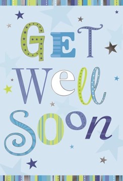 Get Well Soon Greetings Card - Blue and Green with Silver Foil 7.75x5.25"