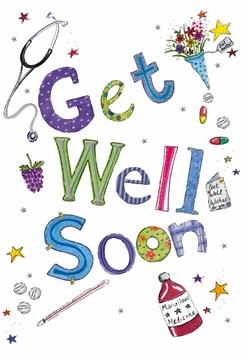 Get Well Soon Card - Mulitcolour Writing Flowers Grapes Medicine Foil 7.75x5.25" Get Well Soon Card - Mulitcolour Writing Flowers Grapes Medicine Foil 7.75x5.25"