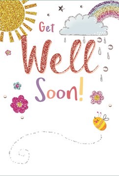 Get Well Soon Greetings Card - Sunshine, Rainbow, Blossoms & Bee 7.75" x 5.25"