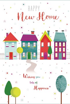 New Home Greetings Card - Multicoloured Houses & Stars With Foil 7.75x5.25"