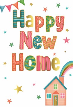 New Home Greetings Card - House with Rainbow out of Chimney Gold Foil 7.75x5.25"