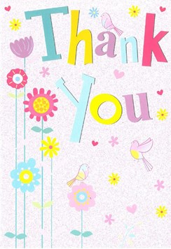 Thank You Greetings Card - Big Multicoloured Text Birds & Flowers 7.75" x 5.25"
