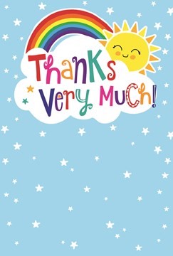 Thank You Greetings Card - Blue with Bright Rainbow and Sunshine 7.5x5.25"