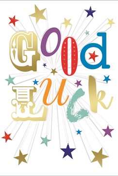 Good Luck Greetings Card - Multicoloured Text & Little Gold Stars 7.75" x 5.25"