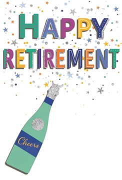 Retirement Card Champagne Bottle Multicoloured Writing Stars Glitter 7.75x5.25" Retirement Card Champagne Bottle Multicoloured Writing Stars Glitter 7.75x5.25"