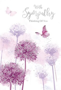 With Deepest Sympathy Card - Lilac Dandelions Butterflies Silver Foil 7.75x5.25"