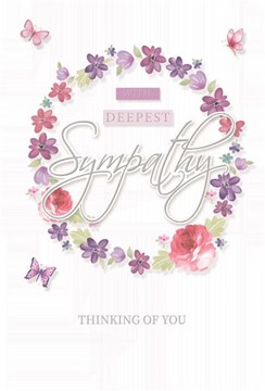 With Deepest Sympathy Card - Floral Circle Butterflies & Silver Foil 7.75x5.25"