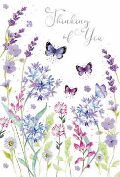 Thinking of You Card - Lilac Pink Wild Flowers Butterflies with Foil 7.75x5.25"