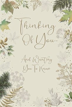 Thinking of You Card - Green Leaves with Gold Foil Detail and Writing 7.5x5.25"