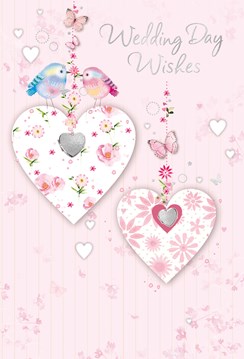 Wedding Day Card - Pink Blue Birds on Heart with Flowers Silver Foil 7.75x5.25"