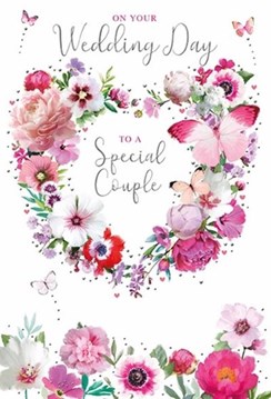 Wedding Day Card - Special Couple Flower & Butterfly Heart with Foil 7.75x5.25"