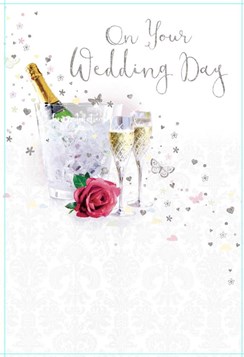 Wedding Day Greetings Card - Champagne Rose & Flutes with Foil 7.75" x 5.25"