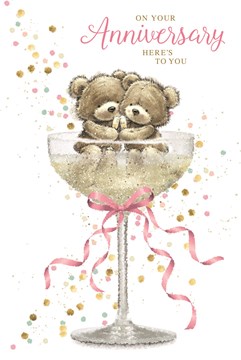 Open Wedding Anniversary Card - Bear in Champagne Glass with Glitter 7.75x5.25"