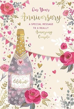 Wedding Anniversary Card - Champagne Bottle Pink Roses with Bunting 7.75x5.25"