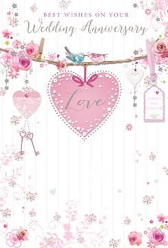 Open Wedding Anniversary Card - Pink Heart, Birds Roses & Silver Foil 7.75x5.25"
